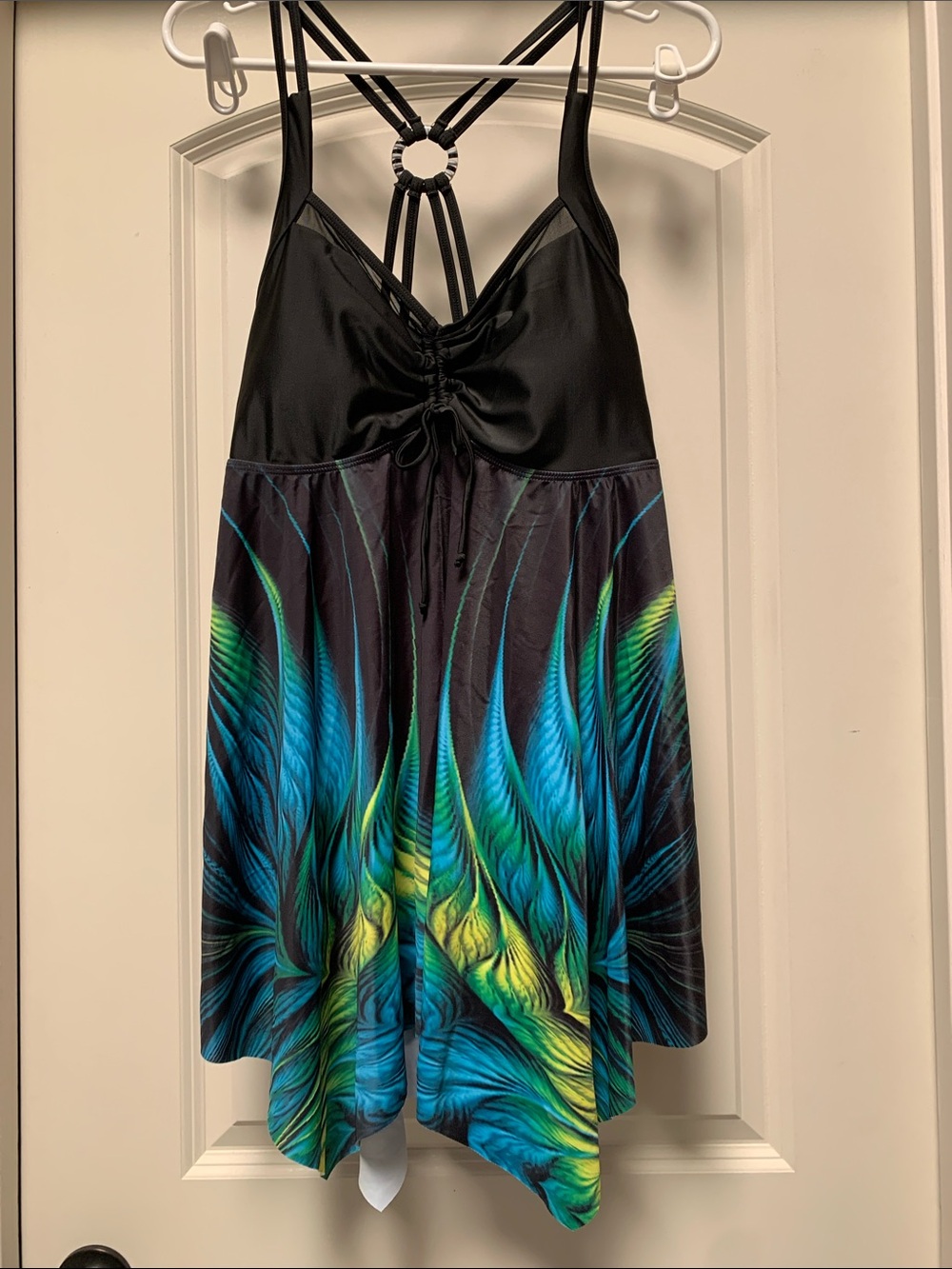 Black Tankini Top with Blue-Green Feather Print Skirt